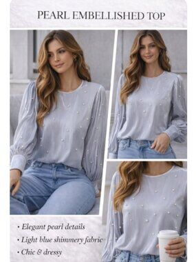 Light Blue Pearl Embellished Sheer Blouse Long Sleeve Elegant Top Size L